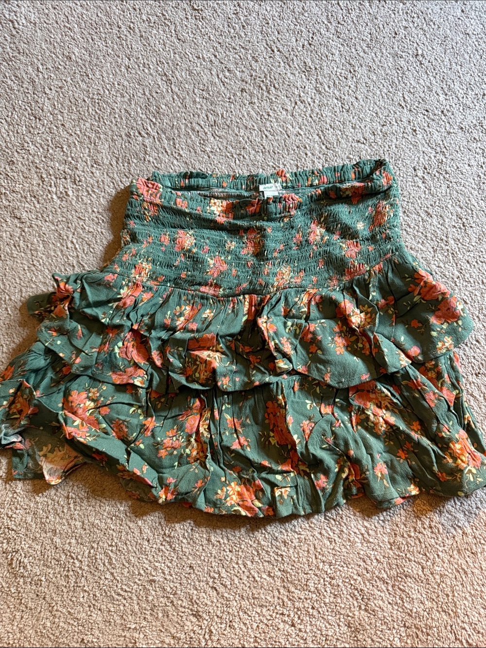 aerie Green Floral Tiered Mini Skirt with Ruffles
